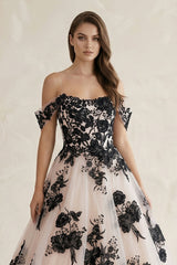 Off-the-Shoulder Flower Appliqued Tulle Wedding Dress in Black and Nude