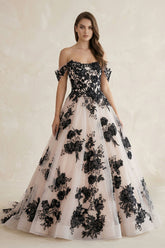 Off-the-Shoulder Flower Appliqued Tulle Wedding Dress in Black and Nude