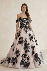 Off-the-Shoulder Flower Appliqued Tulle Wedding Dress in Black and Nude