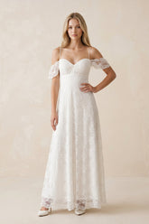 Off-the-Shoulder Lace A-Line Appliqued Wedding Dress in White