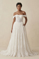 Off-the-Shoulder Lace A-Line Corset Wedding Dress in Ivory