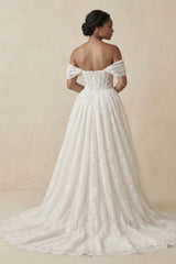 Off-the-Shoulder Lace A-Line Corset Wedding Dress in Ivory