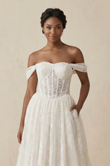 Off-the-Shoulder Lace A-Line Corset Wedding Dress in Ivory