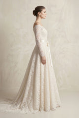 Off-the-Shoulder Lace Long Sleeve Bow Wedding Dress in Ivory