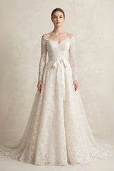 Off-the-Shoulder Lace Long Sleeve Bow Wedding Dress in Ivory