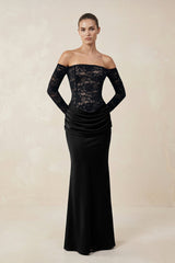 Off-the-Shoulder Lace Ruched Sheath Maxi Dress With Sleeves in Black