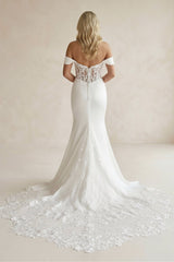 Off-the-Shoulder Mermaid Satin Lace Wedding Dress in White