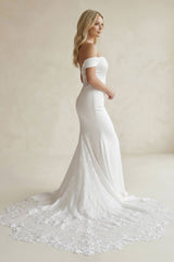Off-the-Shoulder Mermaid Satin Lace Wedding Dress in White