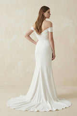 Off-the-Shoulder Mermaid Satin Pleated Wedding Dress in White