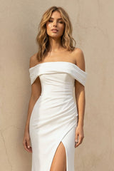Off The Shoulder Mermaid Satin Wedding Dress With Slit in White