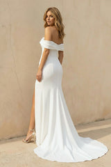 Off The Shoulder Mermaid Satin Wedding Dress With Slit in White