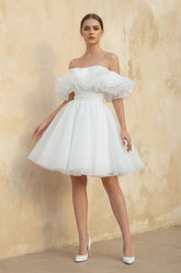 Off The Shoulder Organza A Line Wedding Dress in White