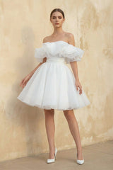 Off The Shoulder Organza A Line Wedding Dress in White