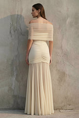 Off The Shoulder Ruched Maxi Dress in Champagne