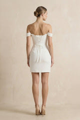 Off The Shoulder Satin Sheath Wedding Dress in Ivory