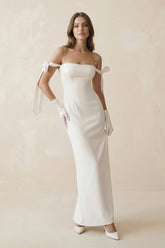 Off The Shoulder Satin Sheath Wedding Dress with Pearl in White