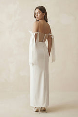 Off The Shoulder Satin Sheath Wedding Dress with Pearl in White