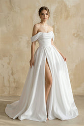 Off The Shoulder Satin Wedding Dress With Slit in White