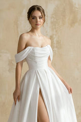 Off The Shoulder Satin Wedding Dress With Slit in White