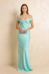 Off The Shoulder Sheath Open Back Maxi Dress in Aqua