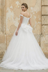 Off The Shoulder Tulle Ball Gown With Floral in White