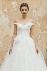 Off The Shoulder Tulle Ball Gown With Floral in White