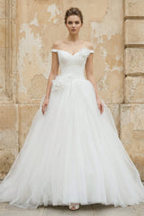 Off The Shoulder Tulle Ball Gown With Floral in White