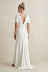 High Neck Sheath Satin Short Sleeve Wedding Dress in White