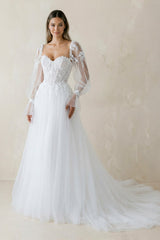 Off-the-Shoulder A Line Long Sleeves Tulle Wedding Dress in White