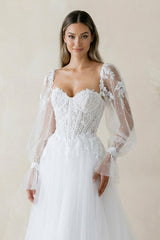 Off-the-Shoulder A Line Long Sleeves Tulle Wedding Dress in White