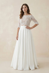 Lace Two Piece A Line Satin Wedding Dress in Ivory