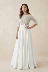 Lace Two Piece A Line Satin Wedding Dress in Ivory