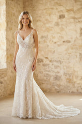 Lace V Neck Mermaid Wedding Dress in White and Nude