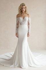 Off-the-Shoulder Lace Satin Mermaid Wedding Dress
