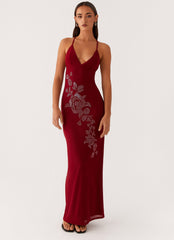 Beki Beaded Mesh Maxi Dress - Deep Red
