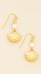 Clam & Pearl Dangle Hook Earrings - Gold