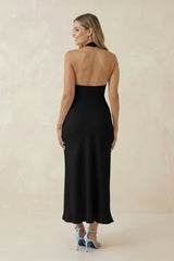 Halter Cut-Out Sheath Satin Midi Bridesmaid Dress in Black