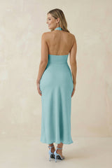 Halter Cut-Out Sheath Satin Midi Bridesmaid Dress in Bleached Aqua