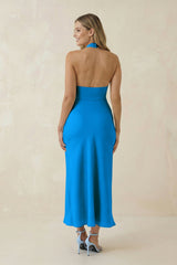 Halter Cut-Out Sheath Satin Midi Bridesmaid Dress in Blue Jay