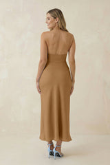 Halter Cut-Out Sheath Satin Midi Bridesmaid Dress in Bronzer