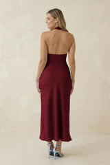 Halter Cut-Out Sheath Satin Midi Bridesmaid Dress in Burgundy