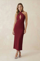 Halter Cut-Out Sheath Satin Midi Bridesmaid Dress in Burgundy