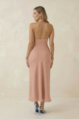 Halter Cut-Out Sheath Satin Midi Bridesmaid Dress in Champagne Rose