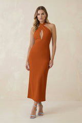 Halter Cut-Out Sheath Satin Midi Bridesmaid Dress in Cinnamon