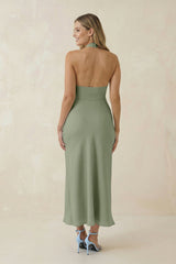 Halter Cut-Out Sheath Satin Midi Bridesmaid Dress in Dove Gray