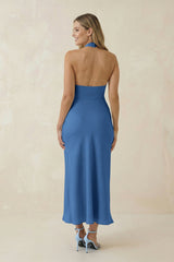Halter Cut-Out Sheath Satin Midi Bridesmaid Dress in Dusty Blue
