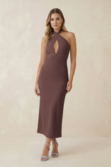 Halter Cut-Out Sheath Satin Midi Bridesmaid Dress in Espresso