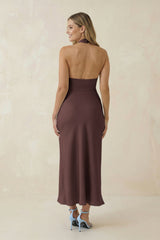 Halter Cut-Out Sheath Satin Midi Bridesmaid Dress in Espresso