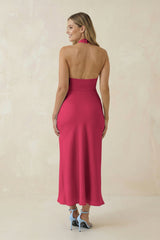 Halter Cut-Out Sheath Satin Midi Bridesmaid Dress in Fuchsia