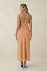 Halter Cut-Out Sheath Satin Midi Bridesmaid Dress in Golden Champagne